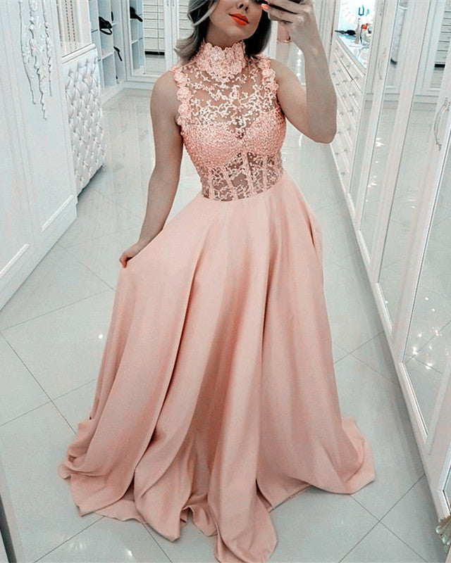 Elegant Lace High Neck Long Satin Prom Dresses