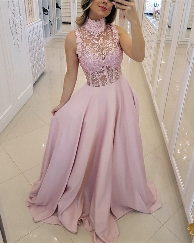 Elegant Lace High Neck Long Satin Prom Dresses