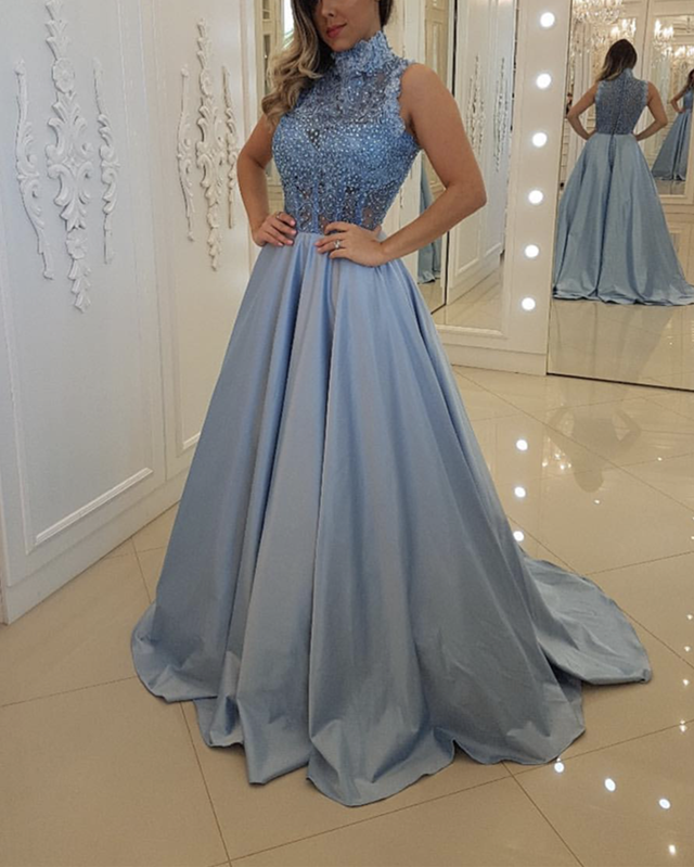Elegant Lace High Neck Long Satin Prom Dresses