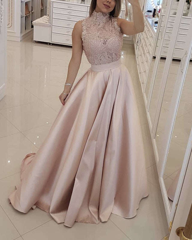 Elegant Lace High Neck Long Satin Prom Dresses