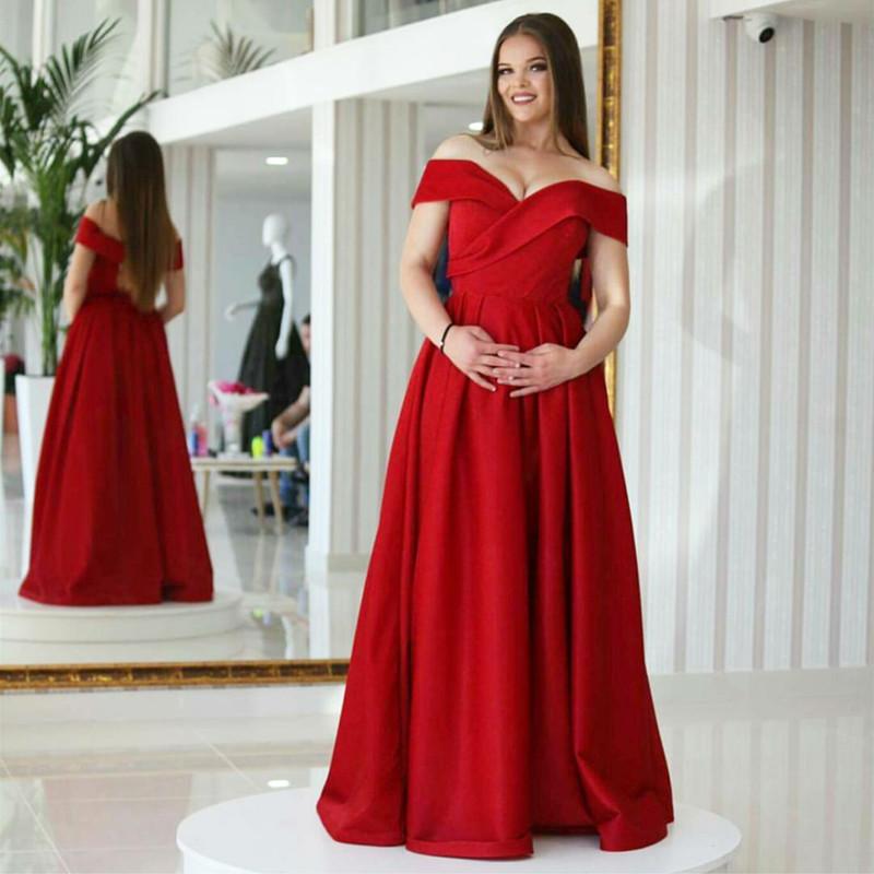 Red Satin Long V Neck Prom Dresses Ball Gowns 2018