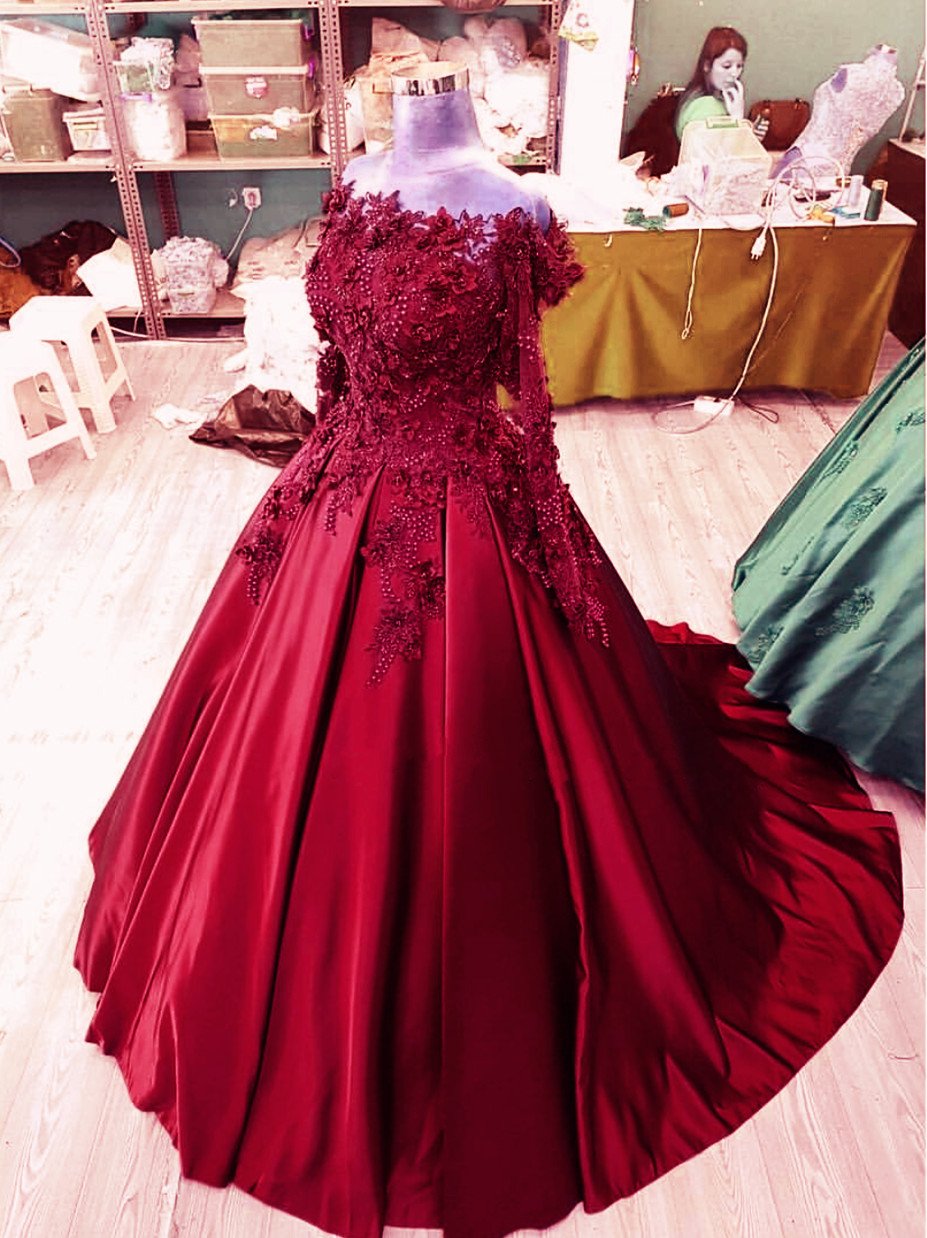 3D Lace Flower Long Sleeves Satin Ballgowns Prom Dresses Off The Shoulder
