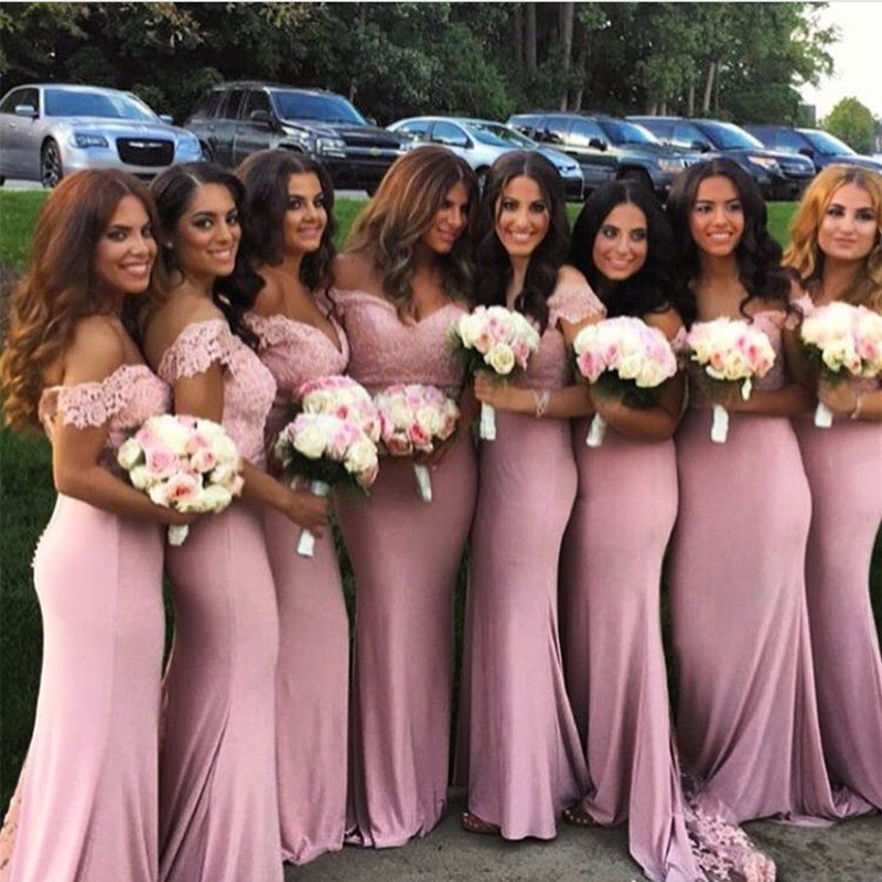 Pretty Pink Lace V-neck Mermaid Bridesmaid Dresses Off Shoulder
