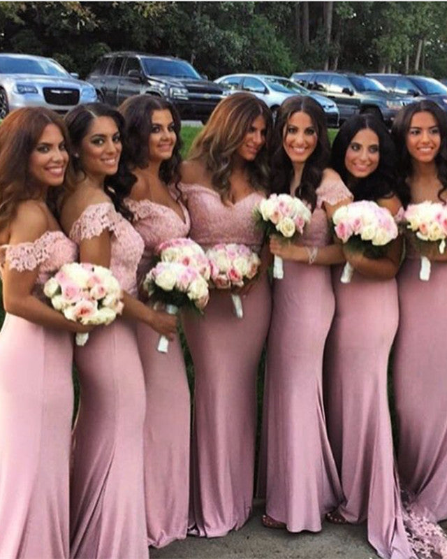 Pretty Pink Lace V-neck Mermaid Bridesmaid Dresses Off Shoulder