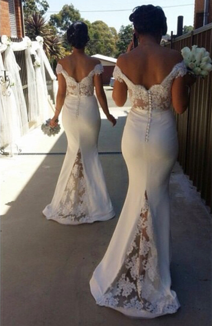 Pretty Lace V-neck Mermaid Bridesmaid Dresses Court Train Formal Gowns