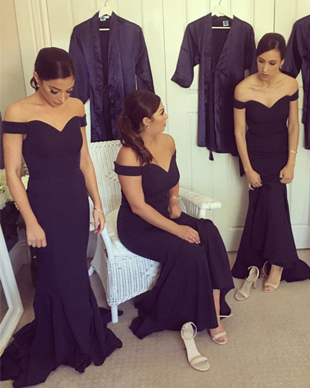Navy Blue Long Jersey V-neck Off The Shoulder Bridesmaid Dresses