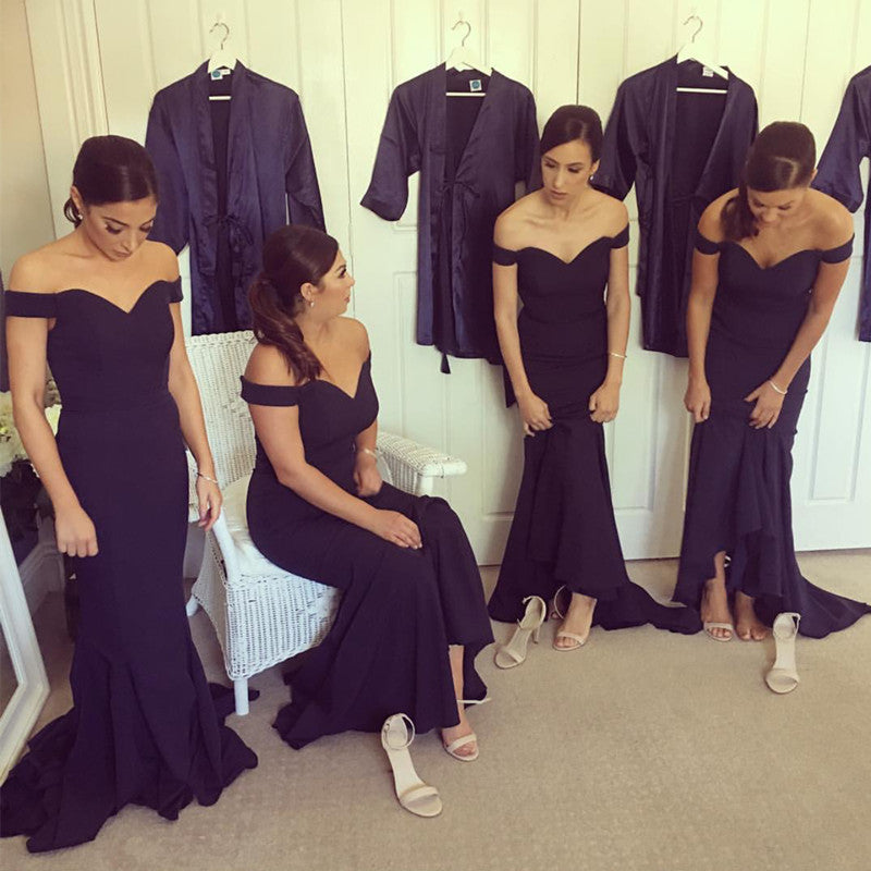 Navy Blue Long Jersey V-neck Off The Shoulder Bridesmaid Dresses