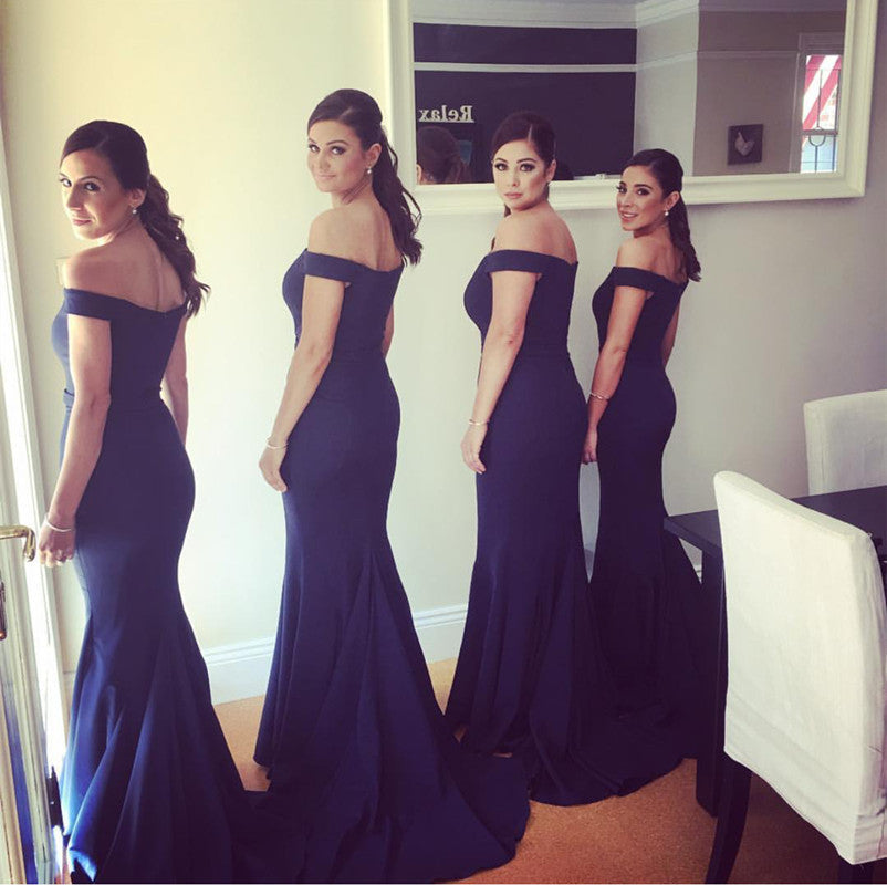 Navy Blue Long Jersey V-neck Off The Shoulder Bridesmaid Dresses
