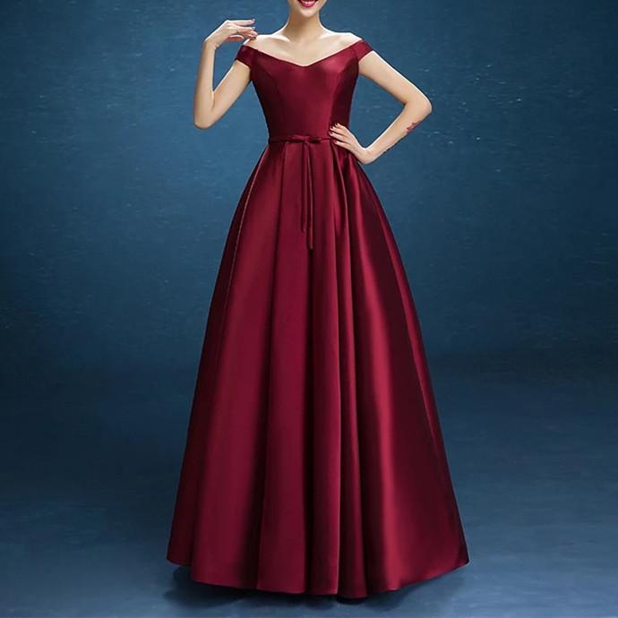 V Neck Off The Shoulder Floor Length Satin Bridesmaid Dresses