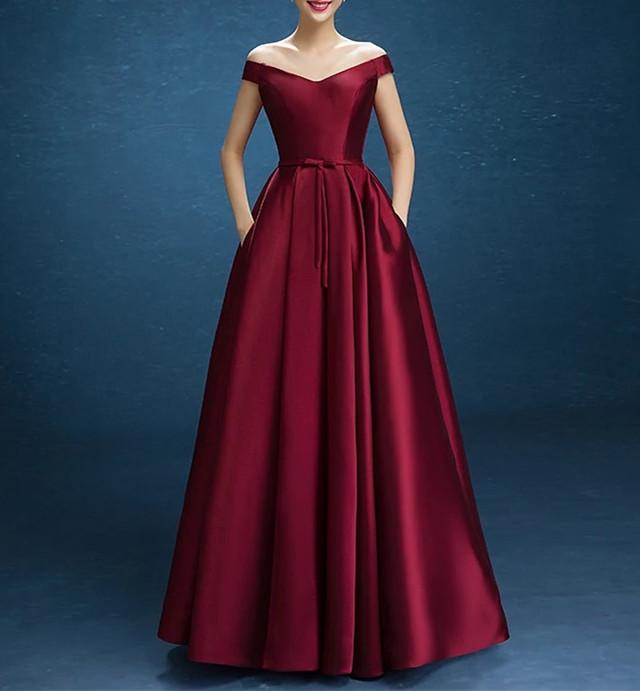 V Neck Off The Shoulder Floor Length Satin Bridesmaid Dresses