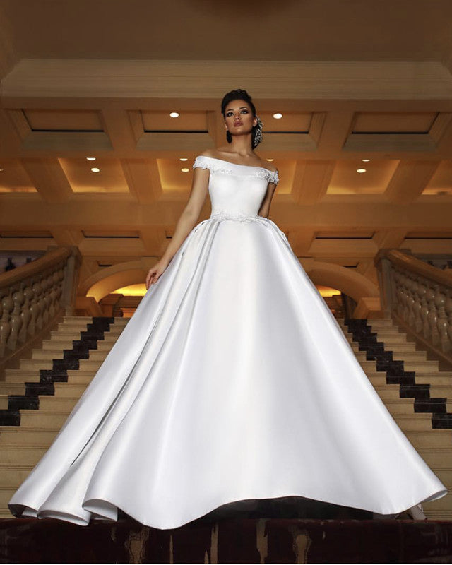 Off The Shoulder Satin Ball Gowns Wedding Dresses Royal Train