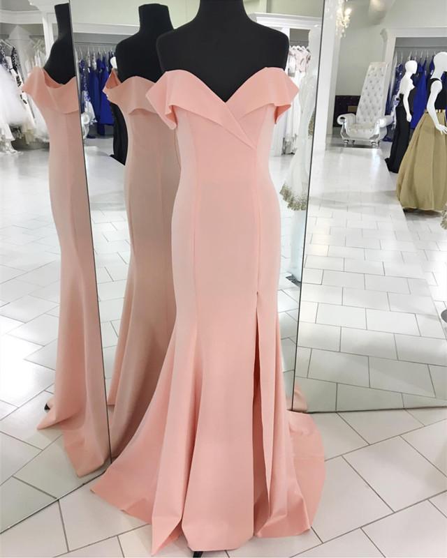 Pretty Blush Pink Mermaid V-neck Off Shoulder Prom Dresses Long