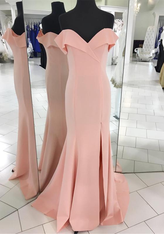 Pretty Blush Pink Mermaid V-neck Off Shoulder Prom Dresses Long