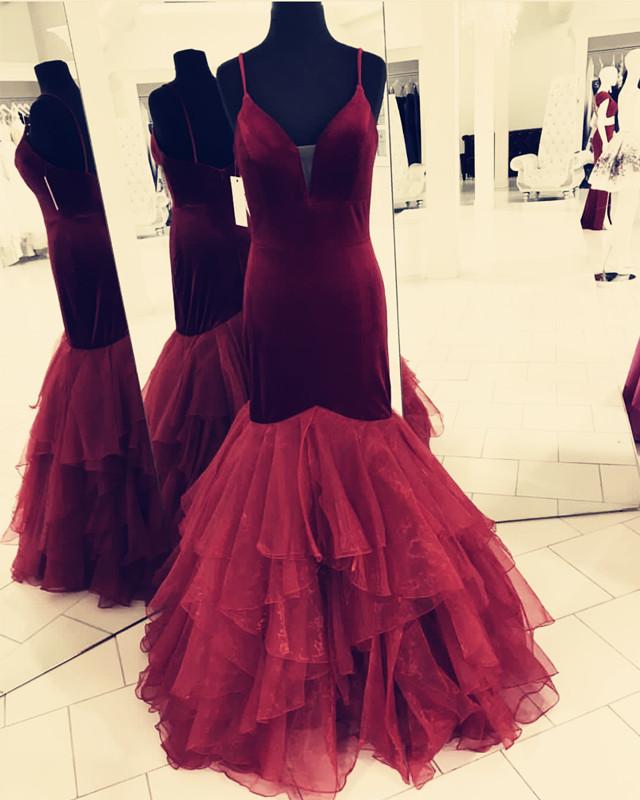 Spaghetti Straps V-neck Velvet Prom Dresses Mermaid Evening Gowns