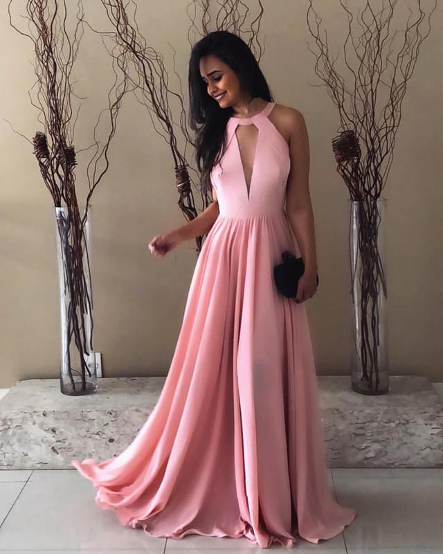 Pretty Pink Halter Chiffon Prom Long Dresses Open Back Evening Gowns