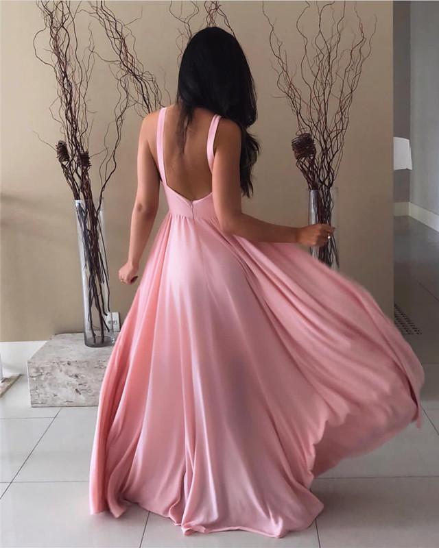 Pretty Pink Halter Chiffon Prom Long Dresses Open Back Evening Gowns