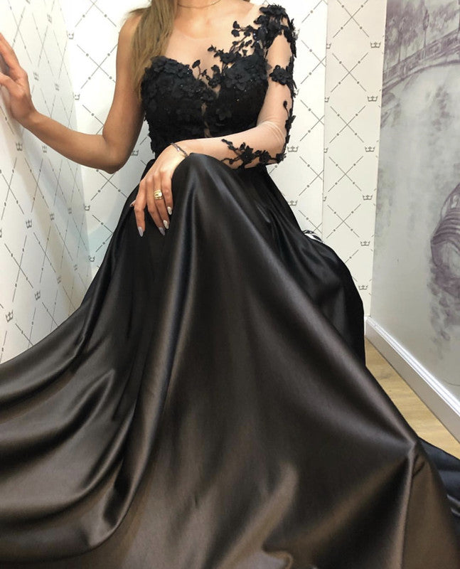 Lace Long Sleeves Satin Prom Evening Dresses One Shoulder