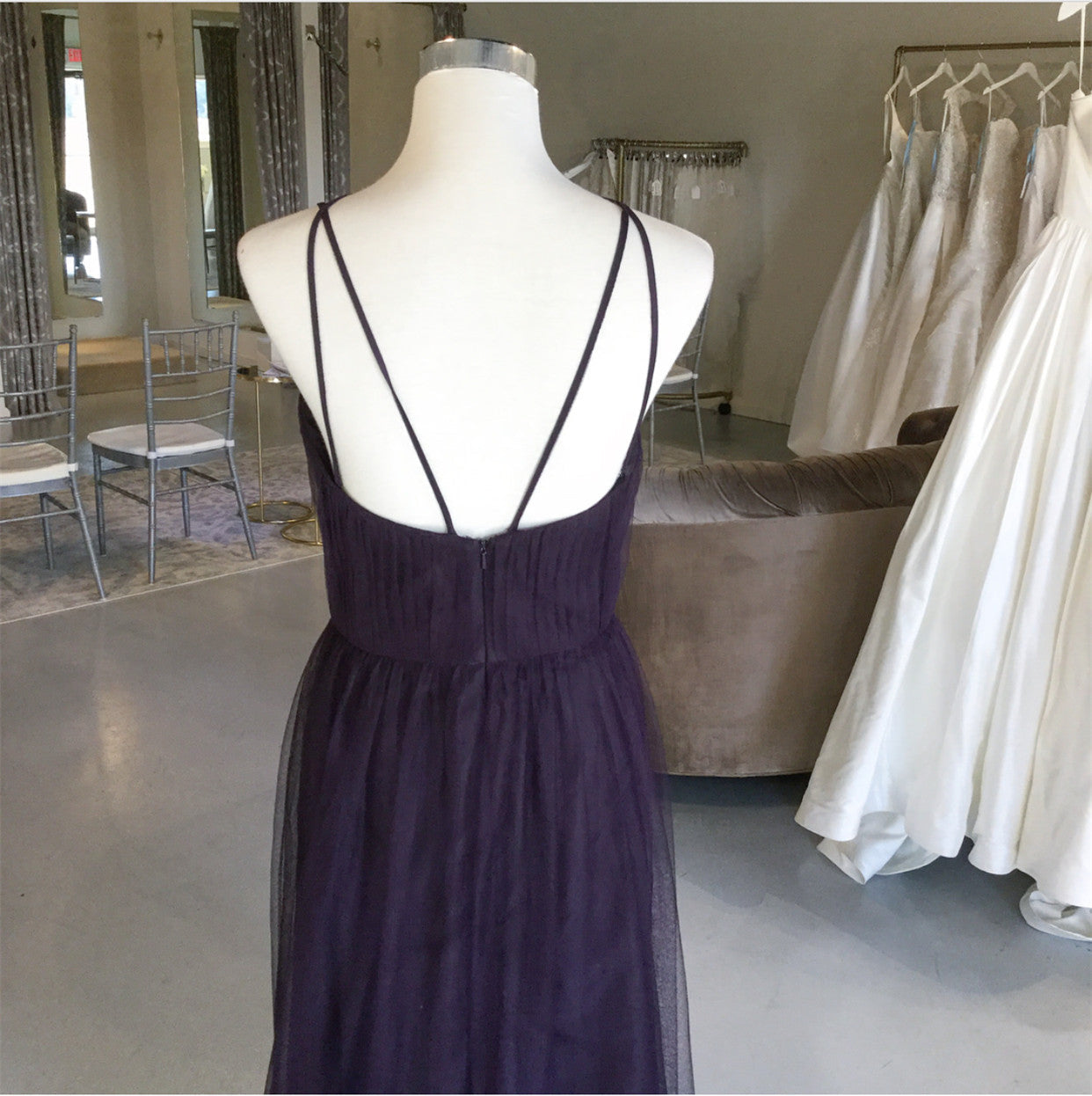 Sexy Spaghetti Straps Long Tulle Cross Back Bridesmaid Dresses