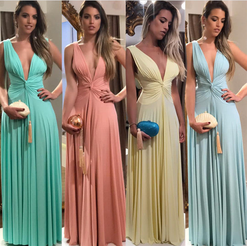 Plunge V-neck Long Chiffon Floor Length Formal Bridesmaid Dresses For Evening Party