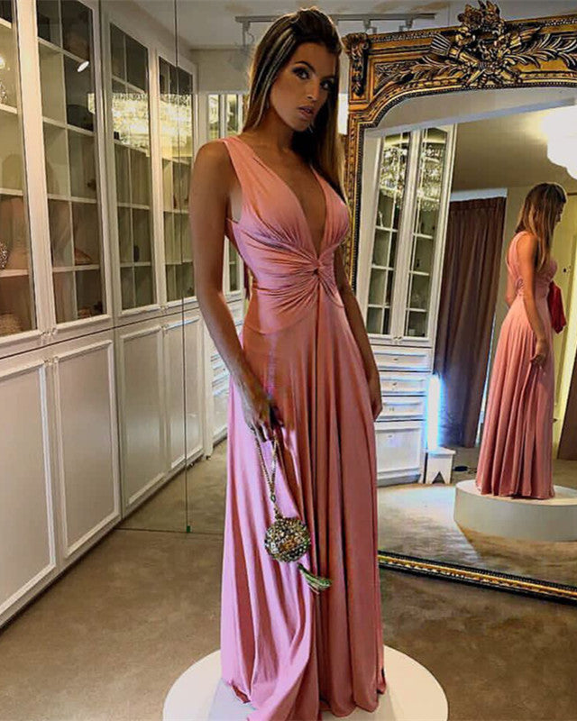 Plunge V-neck Long Chiffon Floor Length Formal Bridesmaid Dresses For Evening Party