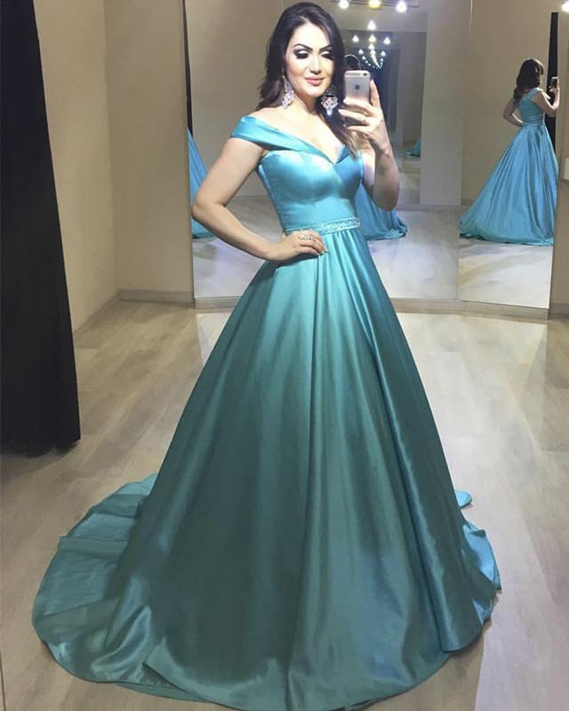 Long Satin Beaded Sashes V-neck Off Shoulder Ball Gown Prom Dresses