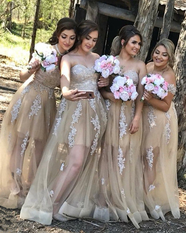 Champagne Lace Appliques Sweetheart Tulle Floor Length Bridesmaid Dresses
