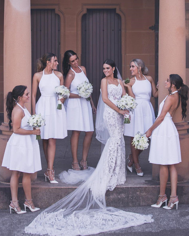 Short White Satin Halter Cocktail Dresses Backless Bridesmaid Dress For Wedding Party