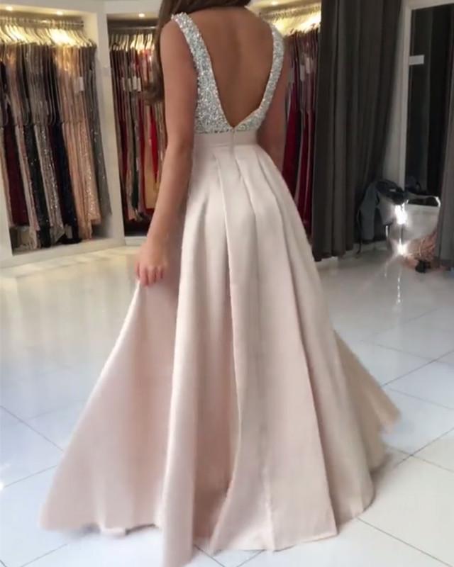 Luxury Sequins Beaded V-neck Long Satin Prom Dresses Open Back Evening Gowns