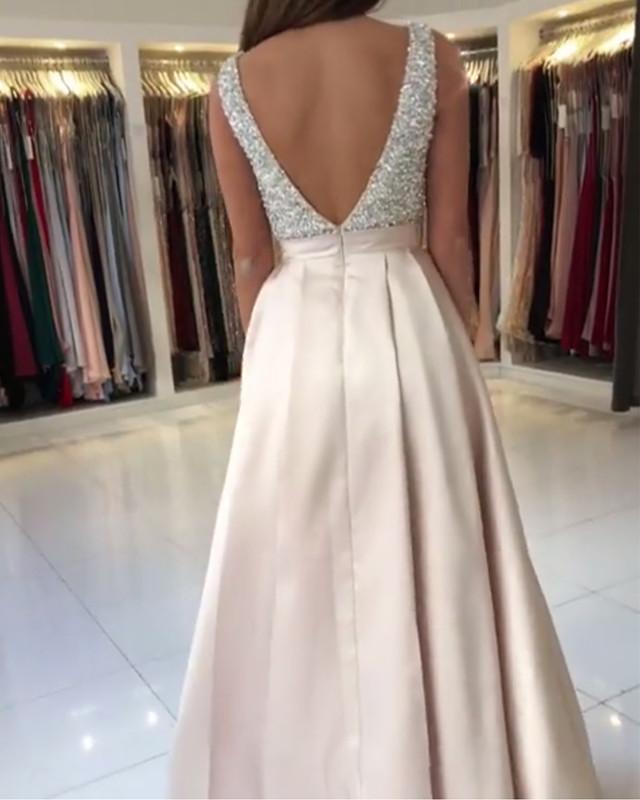 Luxury Sequins Beaded V-neck Long Satin Prom Dresses Open Back Evening Gowns