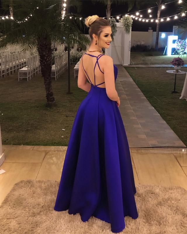 Sexy Plunge Neck Long Satin Cross Back Evening Dresses