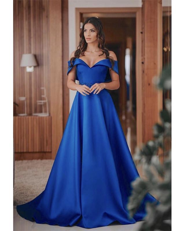 Long Satin Off Shoulder Prom Evening Dresses Beaded Sashes