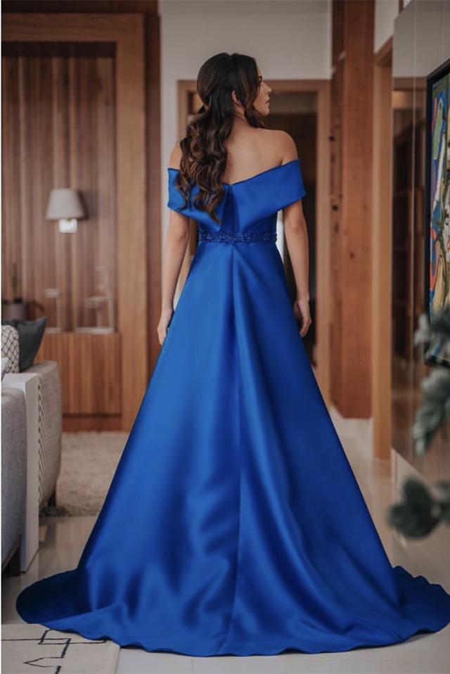 Long Satin Off Shoulder Prom Evening Dresses Beaded Sashes