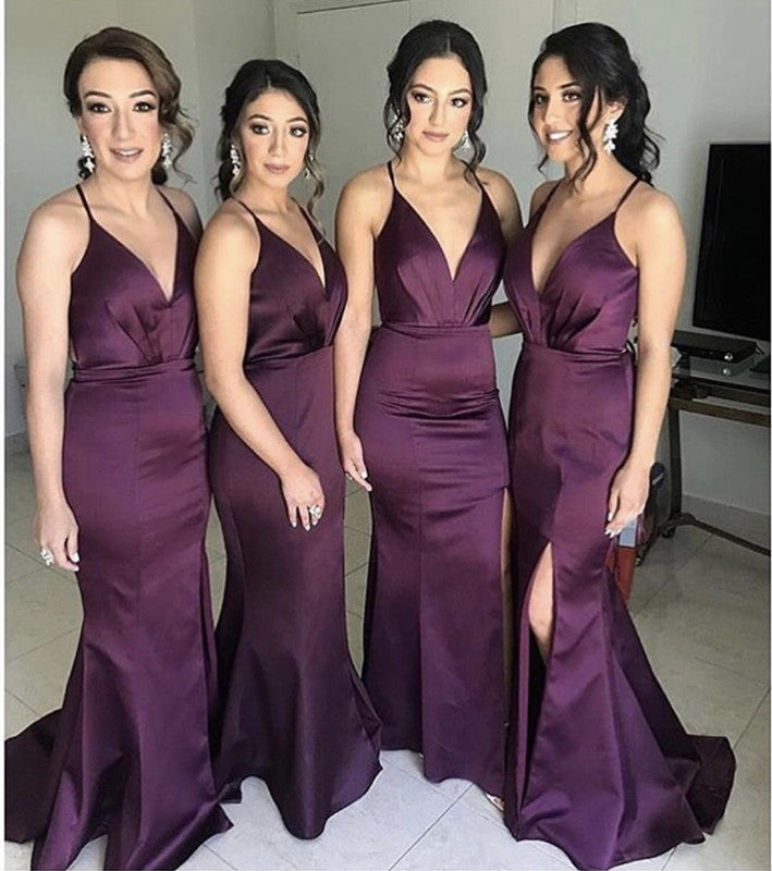 Long Split Mermaid Satin V-neck Open Back Bridesmaid Dresses