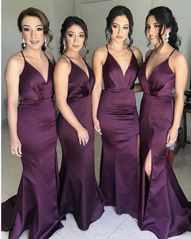 Long Satin V-neck Leg Split Mermaid Bridesmaid Dresses