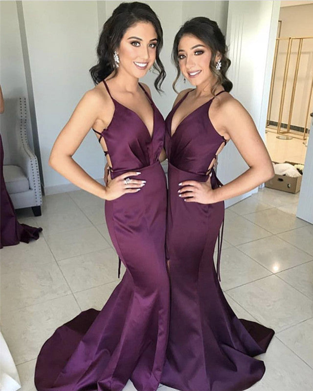 Long Split Mermaid Satin V-neck Open Back Bridesmaid Dresses