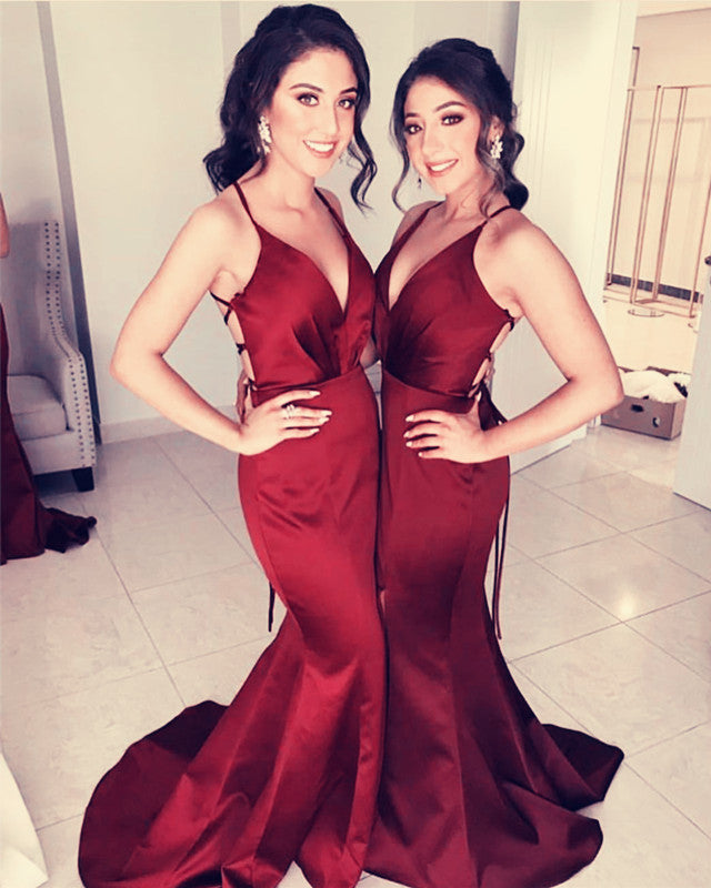 Long Satin V-neck Leg Split Mermaid Bridesmaid Dresses