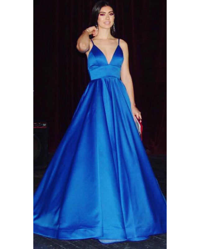 Sexy Spaghetti Straps V-neck Long Satin Bridesmaid Dresses Floor Length