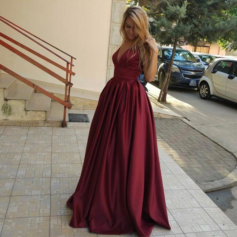 Burgundy Satin V Neck Long Evening Gowns For Wedding Party