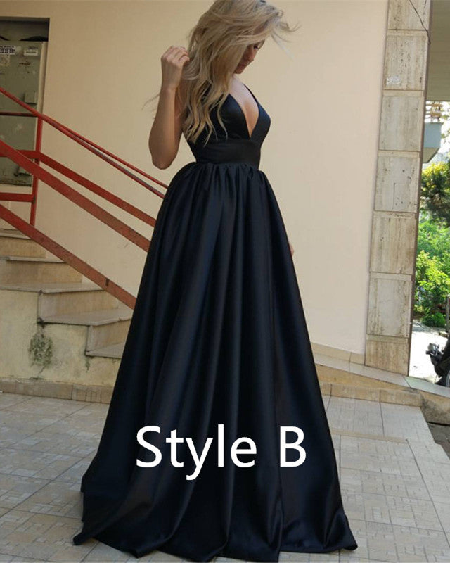 Deep V-neck Long Satin Royal Blue Evening Dresses