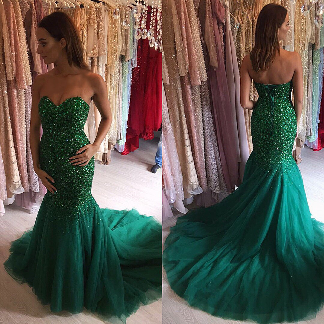 Luxury Crystal Beaded Mermaid Evening Dresses Sweetheart Prom Gowns