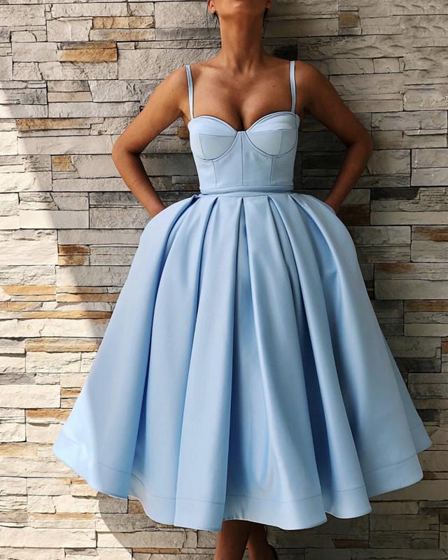Spaghetti Straps Sweetheart Satin Tea Length Ball Gown Party Dresses