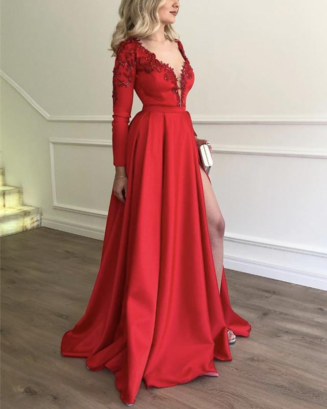 Stylish Embroidery Beaded Long Sleeves Satin Evening Dresses