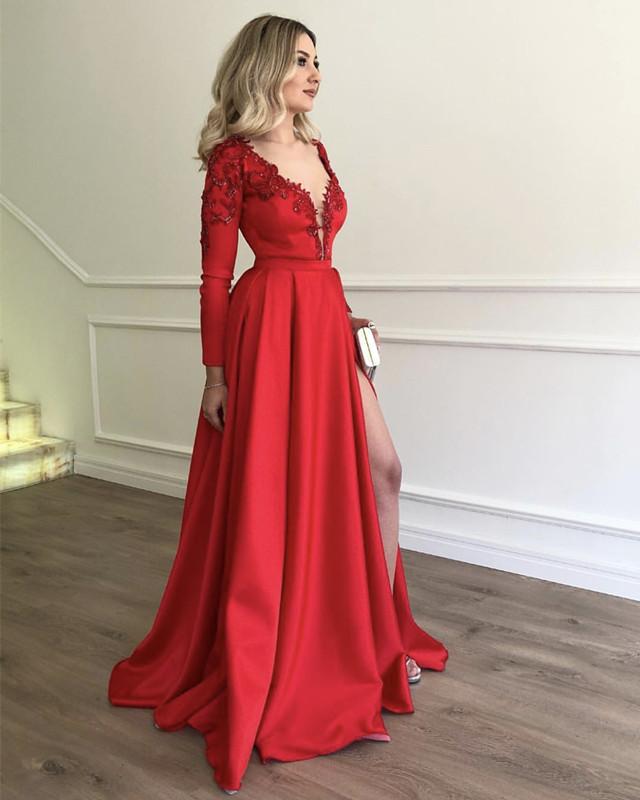 Stylish Embroidery Beaded Long Sleeves Satin Evening Dresses