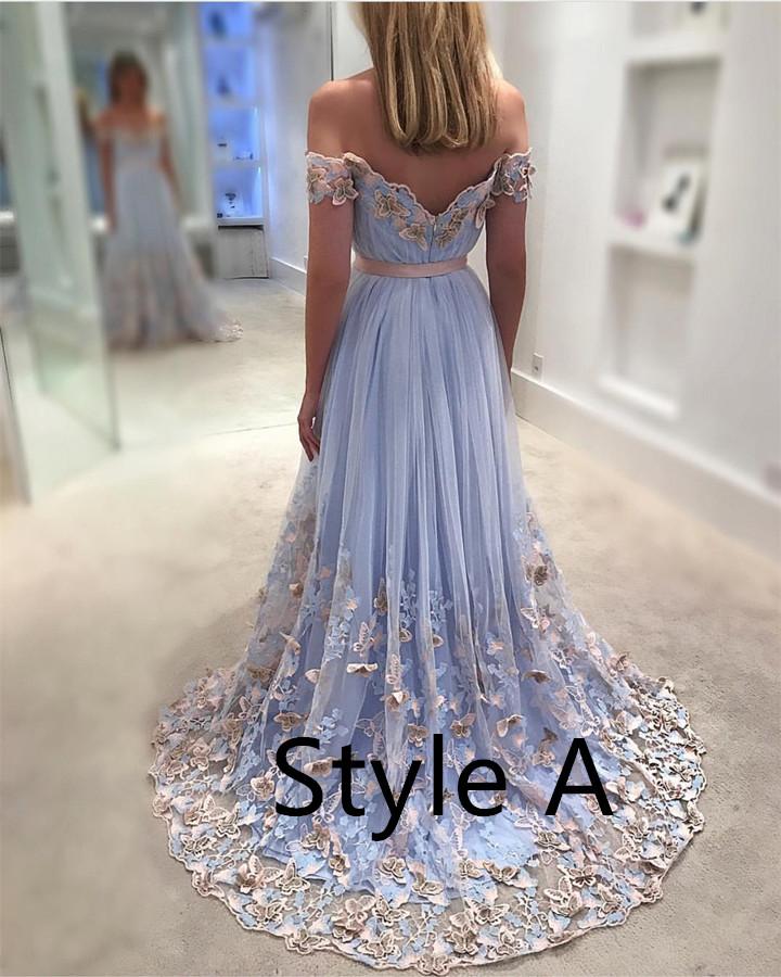 Light Blue Tulle Off The Shoulder Evening Gowns Lace Embroidery Prom Dresses