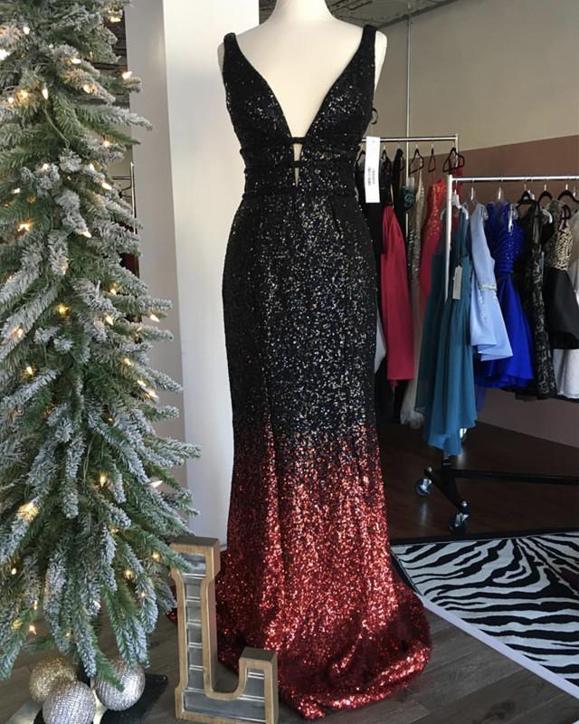 Ombre Mermaid V-neck Court Train Prom Sequins Dresses