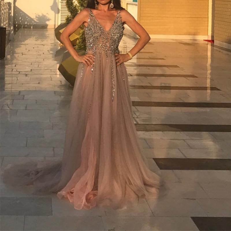 Peach And Grey Tulle V Neck Prom Long Dresses With Sequins Beaded