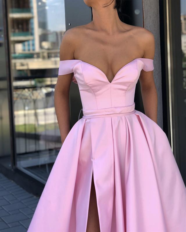 Long Satin V-neck Evening Dresses Off-The-Shoulder Prom Gowns