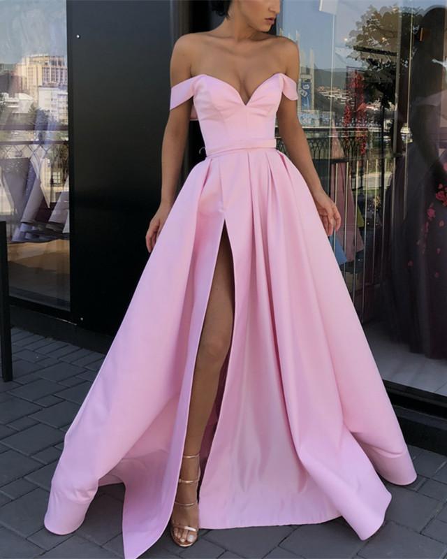 Long Satin V-neck Evening Dresses Off-The-Shoulder Prom Gowns