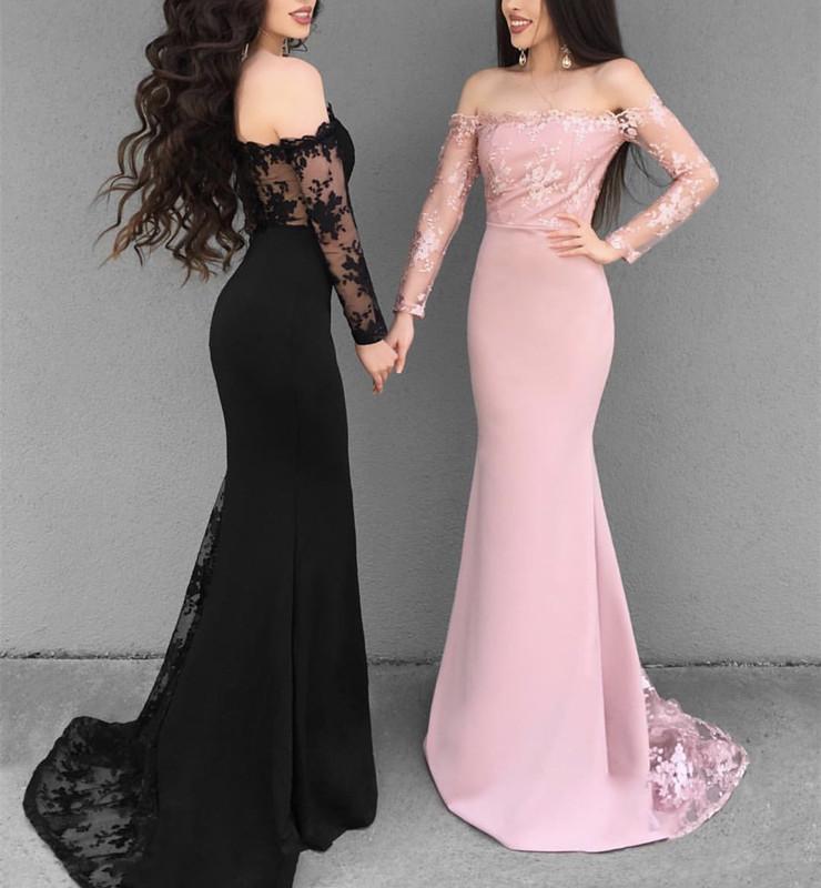 Off The Shoulder Long Sleeves Mermaid Prom Dresses Lace Appliques