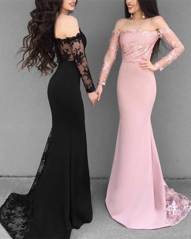 Off The Shoulder Long Sleeves Mermaid Prom Dresses Lace Appliques